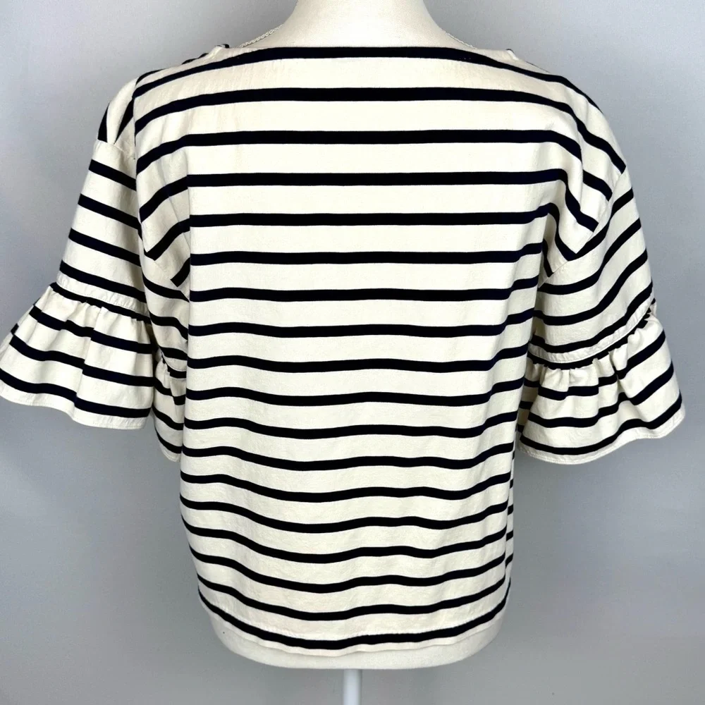 J. Crew Ruffle Sleeves Top Black Cream Stripes Short Sleeves Cotton Large French